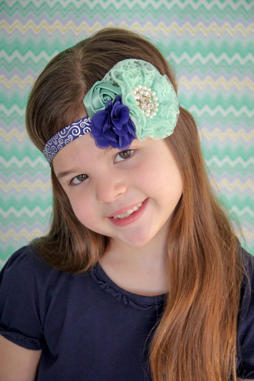 Mint Lace Headband, Navy Green Headband, Sage Navy Headband, Newborn
