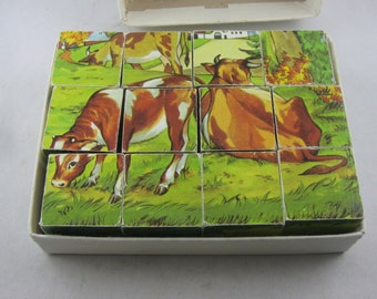 Ancien Coffret Jeu De Cubes En Bois – Pyrogravure Et Images Aquarelles – Époque Art Nouveau