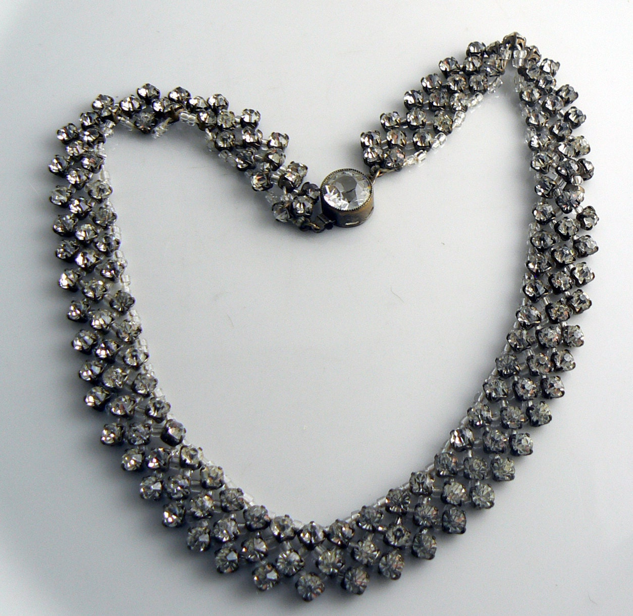 Vintage Prong Set 3 Strand Rhinestone Necklace Unique