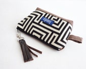 Cosmetic bag pouch pencil pouch beauty bag pencil case makeup bag zipper pouch greek labyrinth brown leather tassel