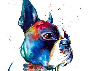 Colorful Boston Terrier Art Print - Print of my Original Watercolor Painting