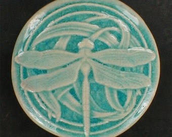 Wall tile, dragonfly tile, ceramic sculpture, 3 7/8 inches round, glossy light blue crackle glaze, art tile, accent tiles, handmade tiles