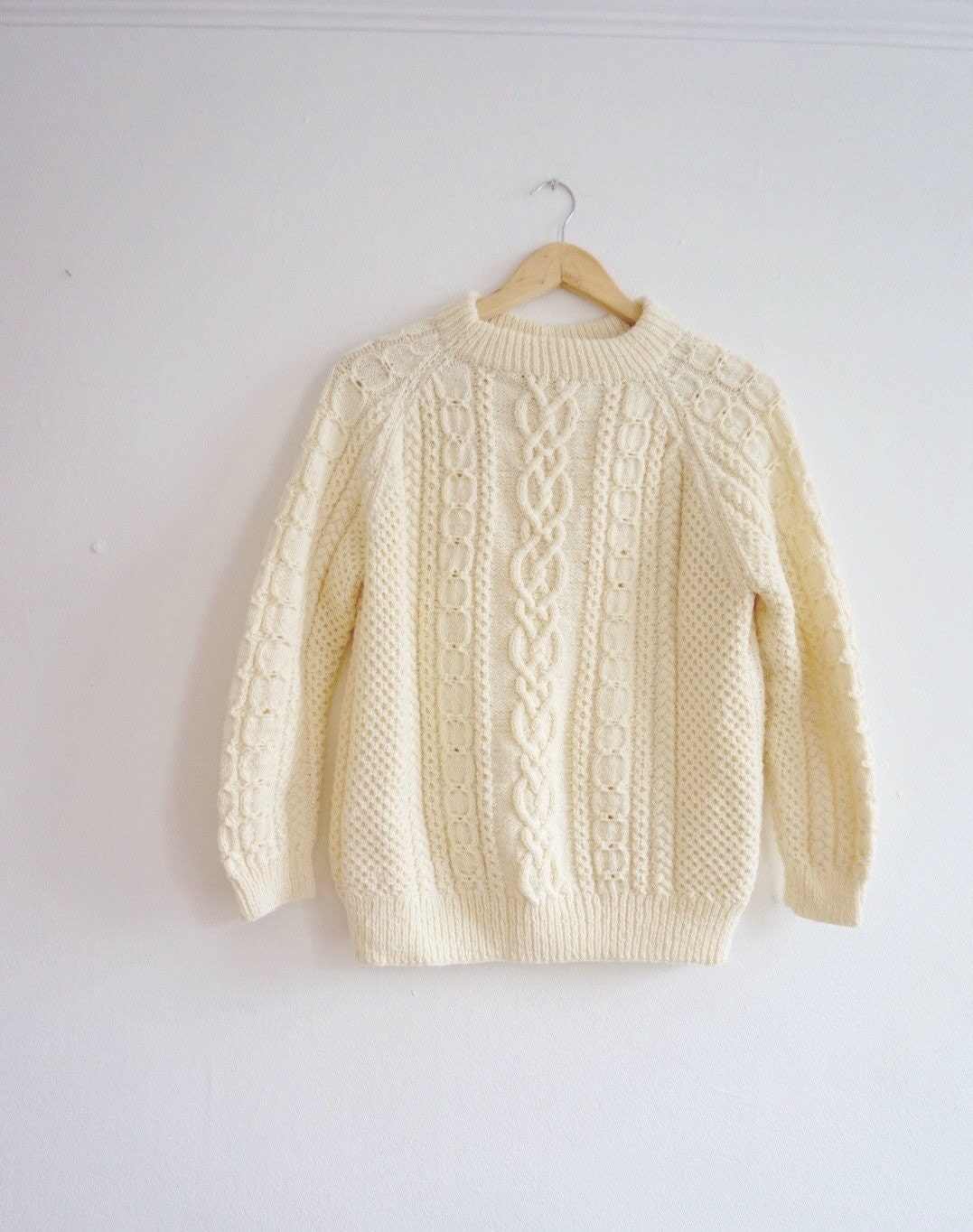 cream cable sweater // hand knitted jumper // small wool sweater ...