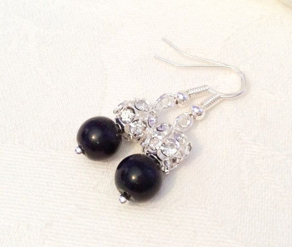 Items similar to Black Pearl & Diamante Earrings, Bridesmaid Earrings ...
