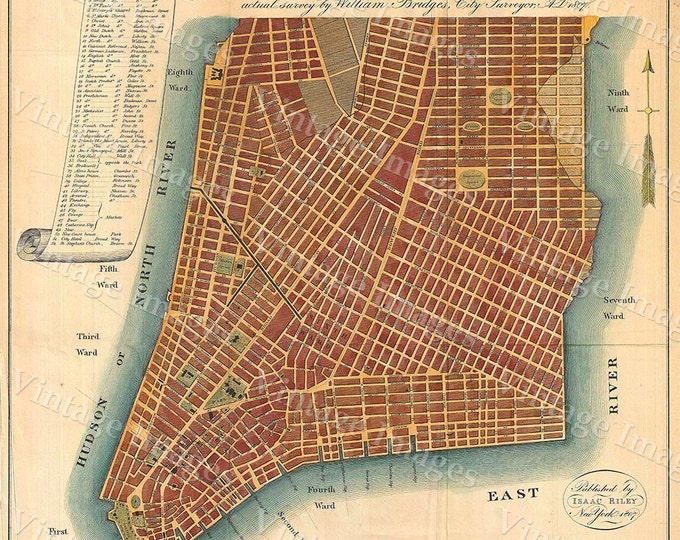 1807 Historic New York City Map Plan Restoration Hardware Style lower Manhattan wall Map Fine Art Print home decor