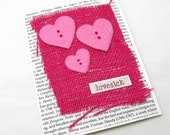 Valentine's Day Card - Bright Pink Card - Pink Felt Hearts - Lovesick - Blank Card - Black and White - Book Page - Pink Burlap