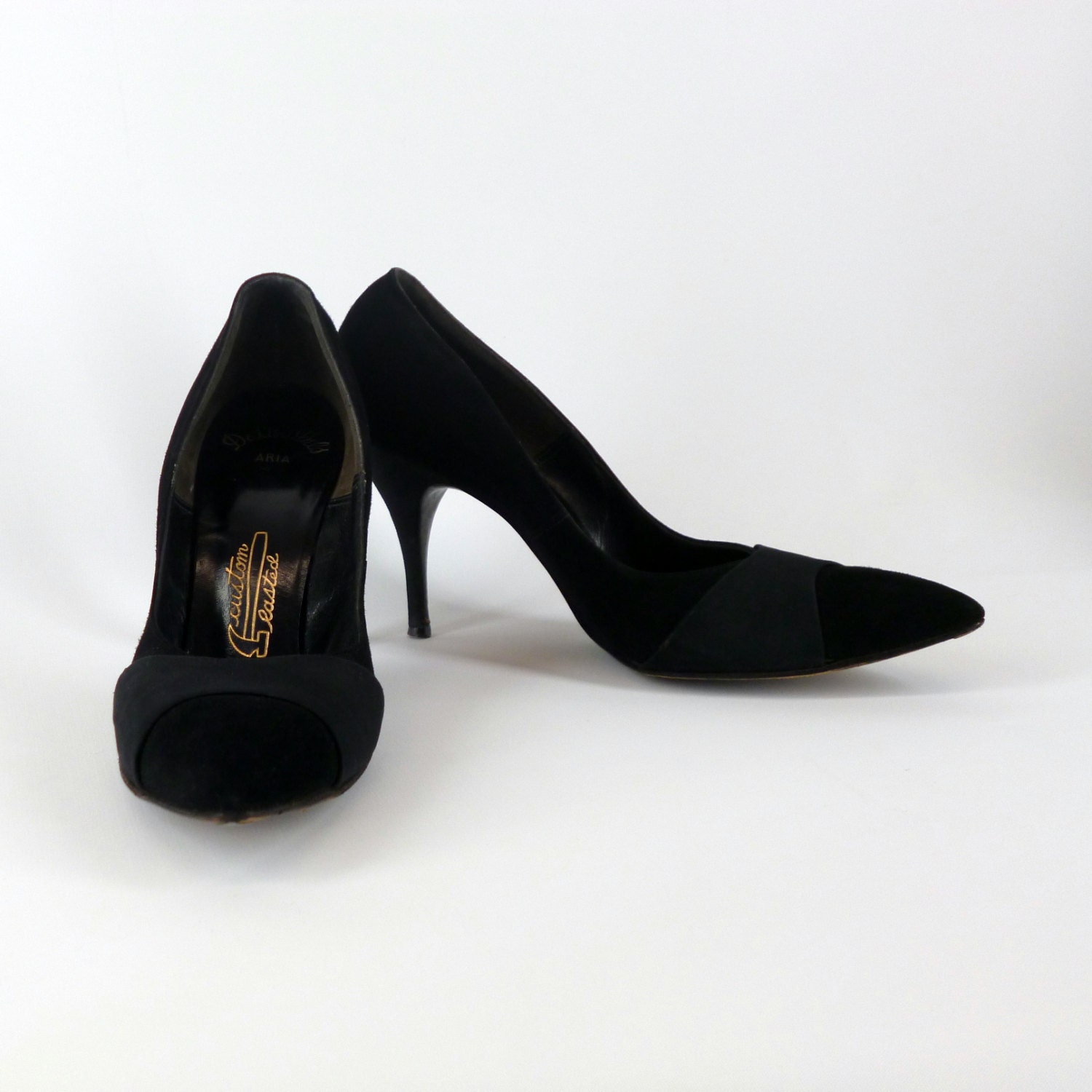 Size 7 1/2 AAA Black Suede Stiletto Shoes Vintage 1960-1970 4 inch ...