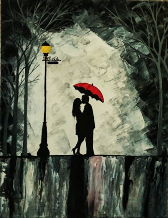 Original Couple in rain painting Couple kissing in by ArtbyRangrez