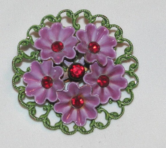 Vintage Purple & Green Red Rhinestone Flower Enamel Brooch/Pin