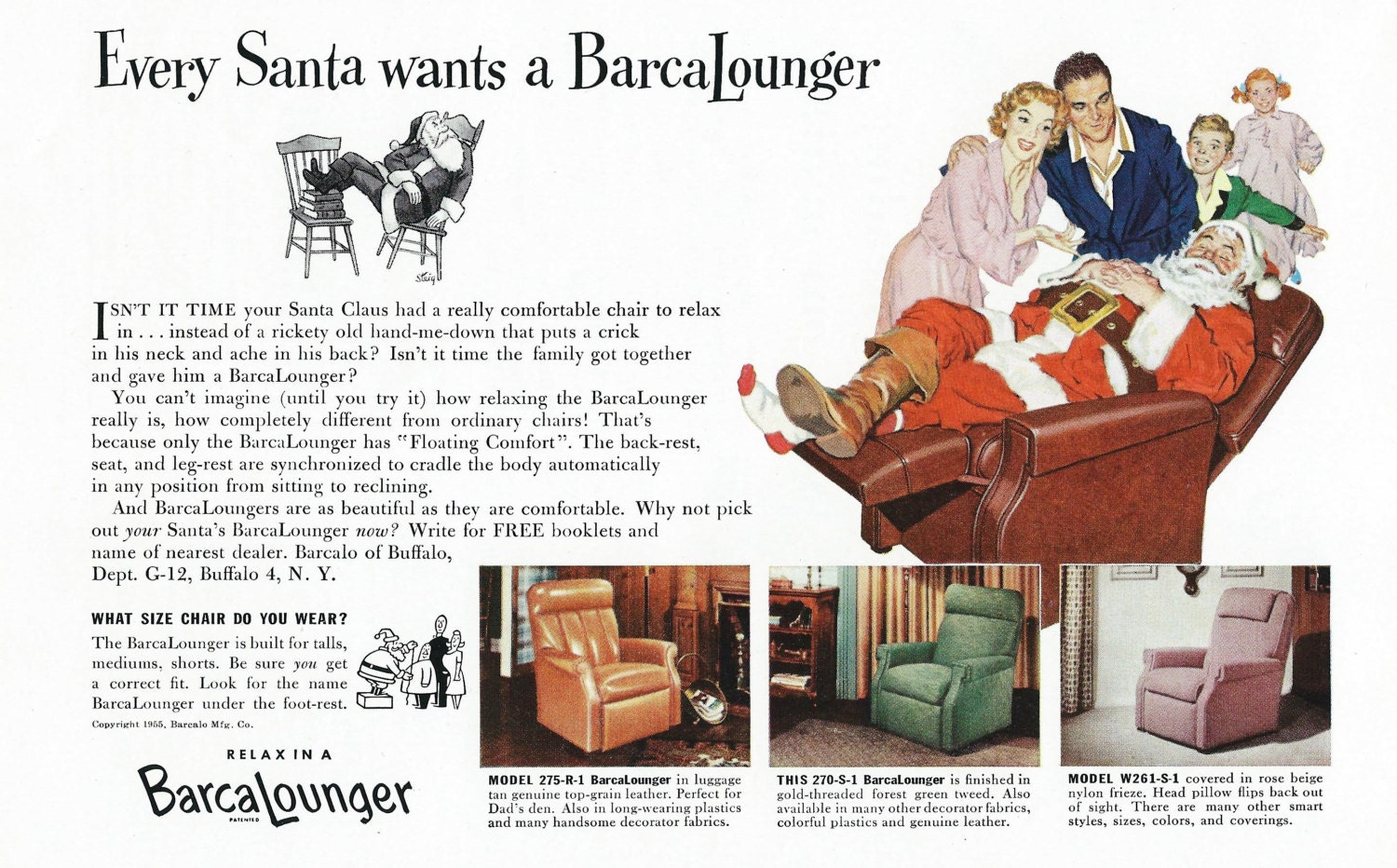 1950’s BarcaLounger Furniture Ad Mid Century Easy Chair Recliner for