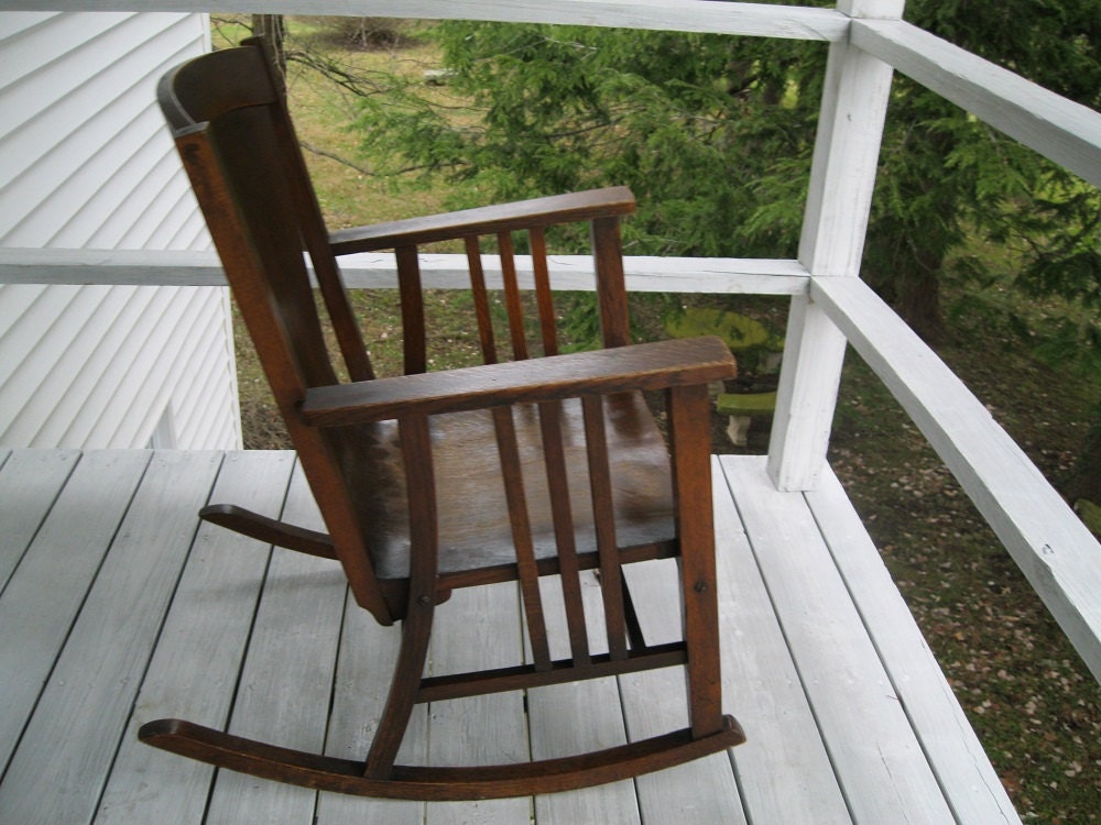 Vintage Mission Style Oak Rocking Chair Dark Wooden Rocker