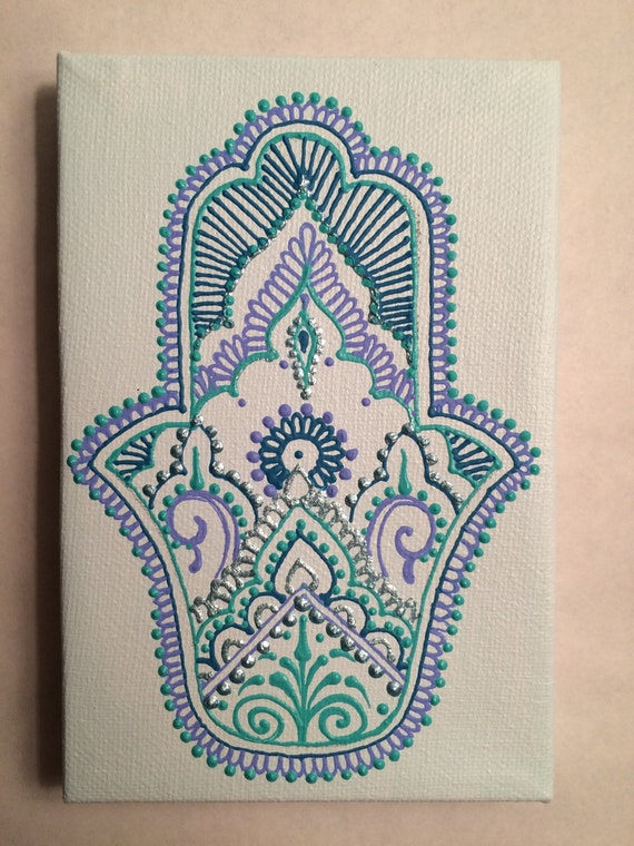 Items similar to Henna Style Hand Painted Canvas with Hamsa and Lotus ...