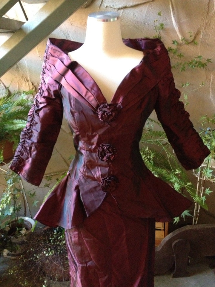 Vintage Victorian Steampunk  Dress /Burgundy Satin Off Shoulder Fitted Dress