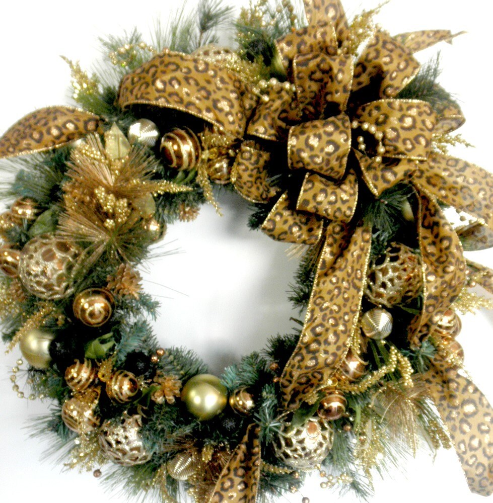 bronze and gold christmas wreath with leopard print bow bronze and gold christmas wreath with leopard print bow