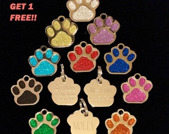 Glitter Paw Print Pet Id Tag Custom Engraved Dog Cat Personalized Animal Shelter Bling Identification BUY 3 GET 1 FREE