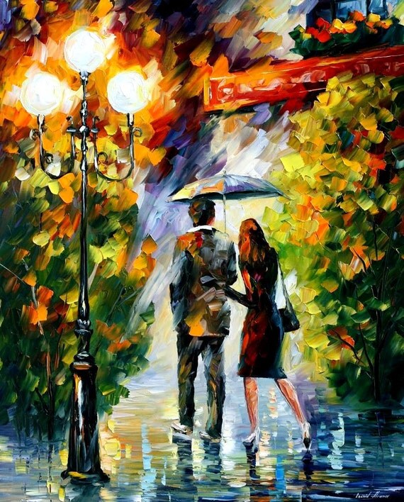 Couple Walking Painting On Canvas Green Romantic Art By Leonid