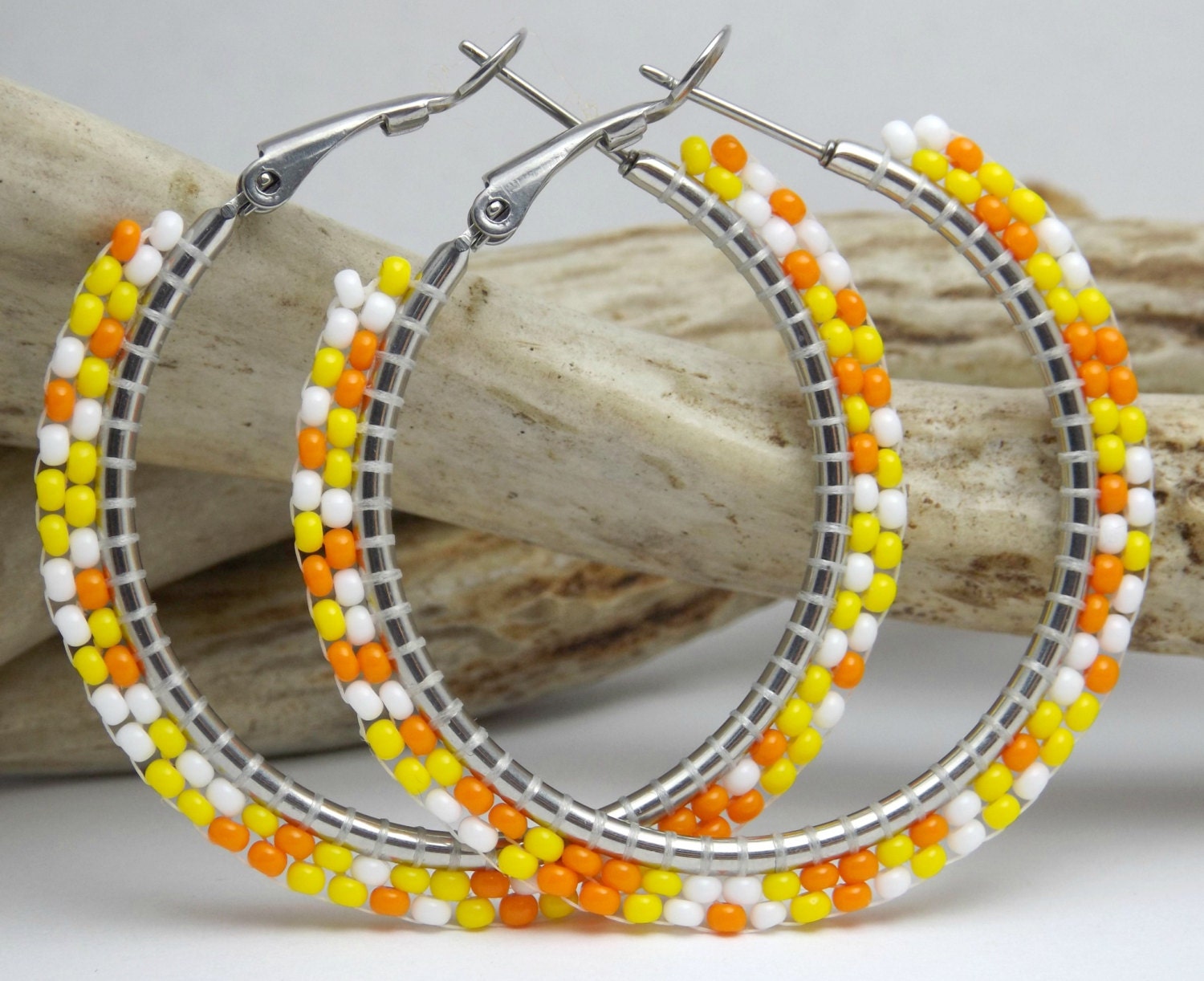 Candy Corn Beaded Hoop Earrings Yellow White and Orange Hoop