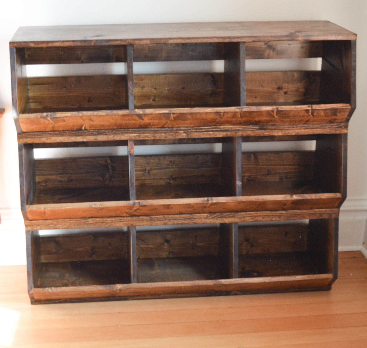 wood toy storage with bins