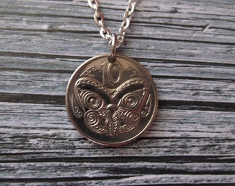 New Zealand Maori Design Coin Pendant - Coin Necklace - Unusual Maori Tongue Design Coin - 1982 coin