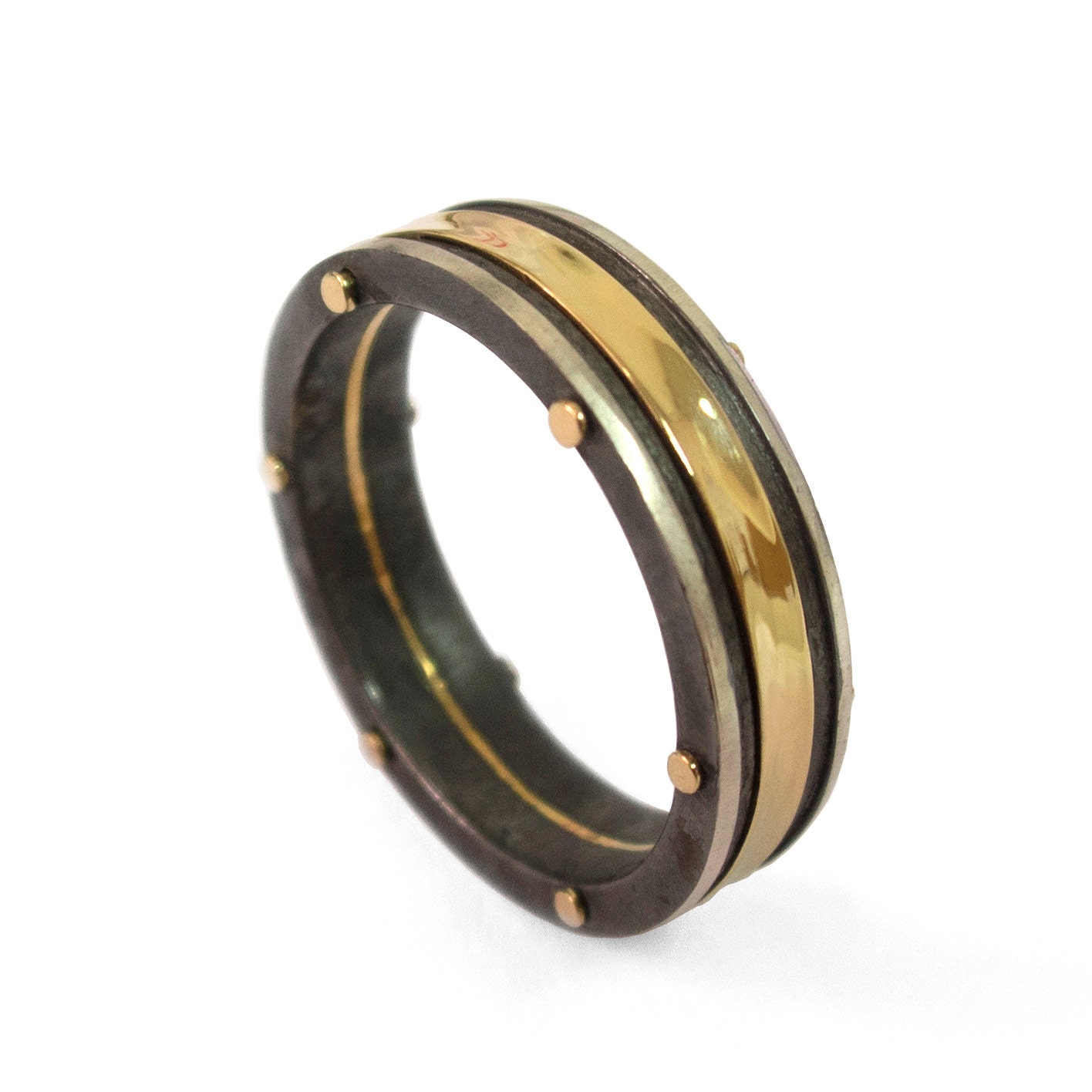 Gold Wedding Band, Men's 18K Gold and Oxidized Silver Wedding band, steampunk, Wedding ring, black and gold ring steampunk buy now online