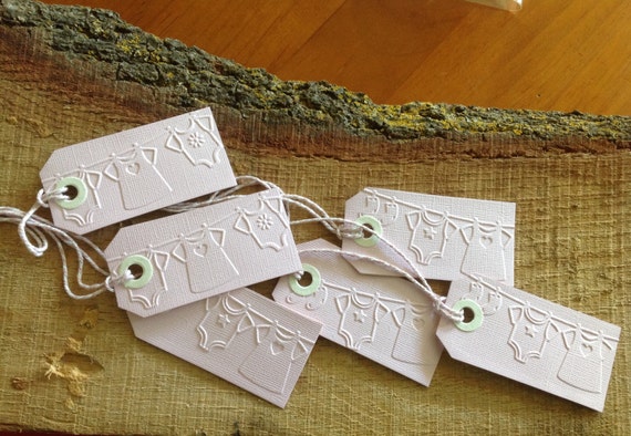 Items similar to Handmade baby shower hang tags, gift cards set of 6. Hand embossed, double 