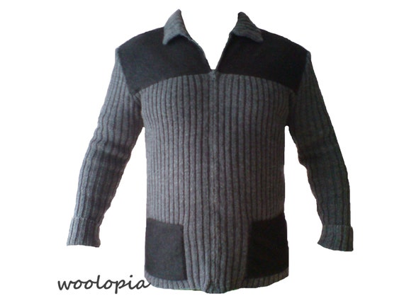 Men's cardigan, hand knit cardigan, sweater, jacket. Grey & Black