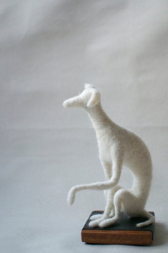 Whippet Sculpture - White needle felted whippet dog on wooden base - Greyhound housewarming decoration