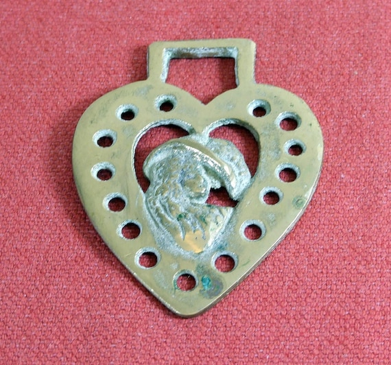 Vintage Horse brass tack cast buckle ornament medallion Heart