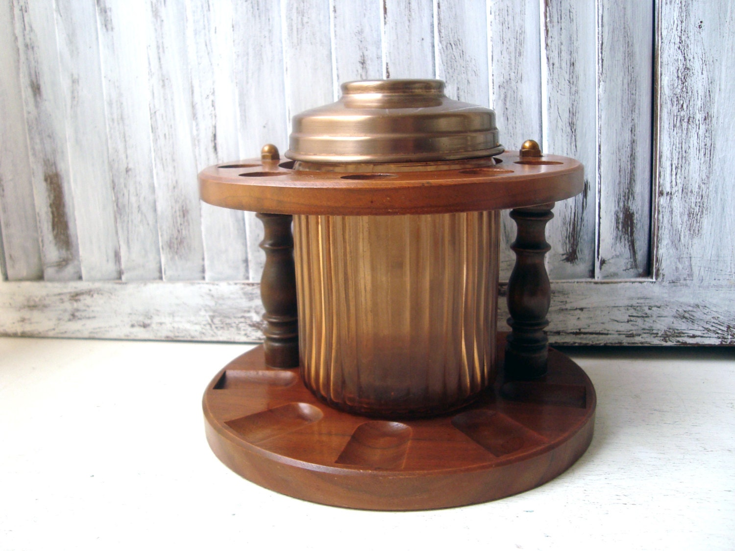 Vintage Pipe Holder Stand and Tobacco Storage Jar Wooden