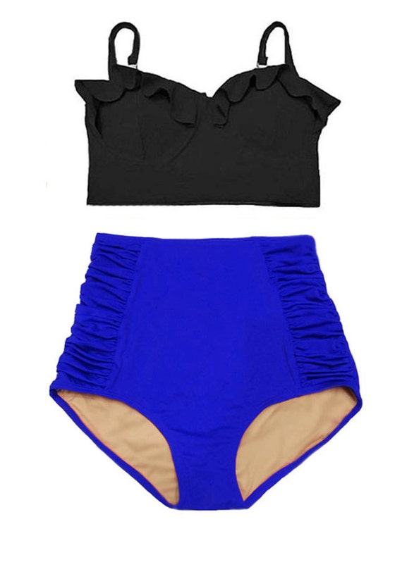 Black Midkini Top and Blue Ruched High Waist Waisted Rise