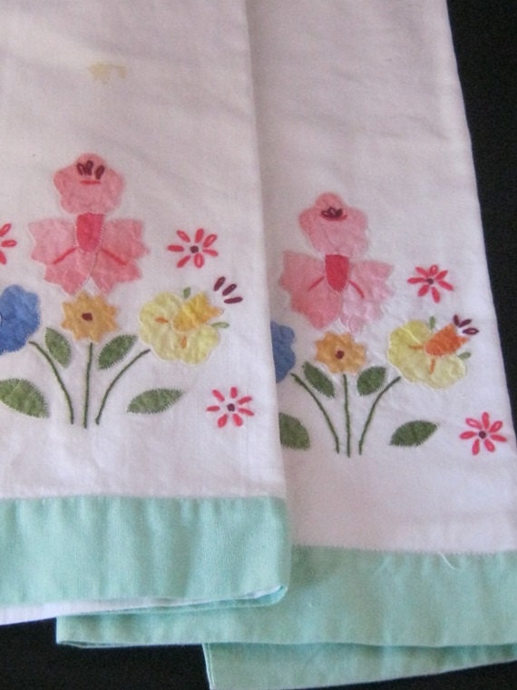Pair Of Vintage Tea Towels With Appliques And by Junkblossoms