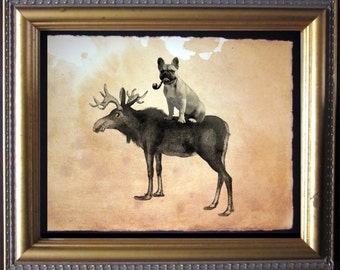 French Bulldog Riding Moose - Vintage Collage Art Print on Tea Stained Paper - Vintage Art Print - Vintage Paper