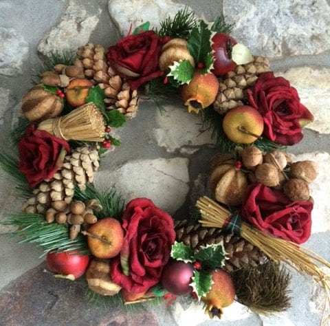 Rustic Wall Wreath with Roses, Apples and Nuts (Candle optional)