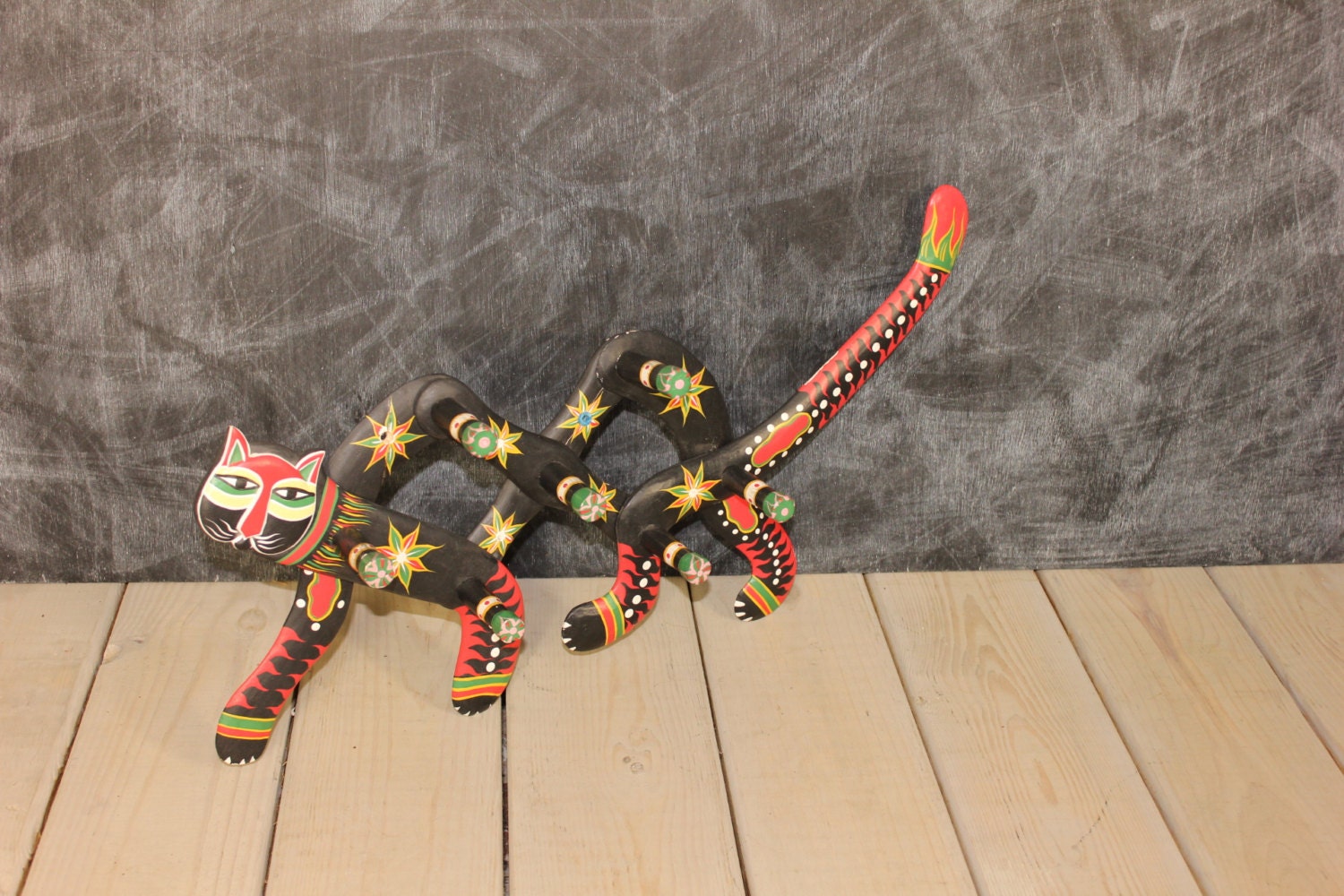 Retro Painted Cat Coat Rack Wall Hanger 7 Hook Mid Century