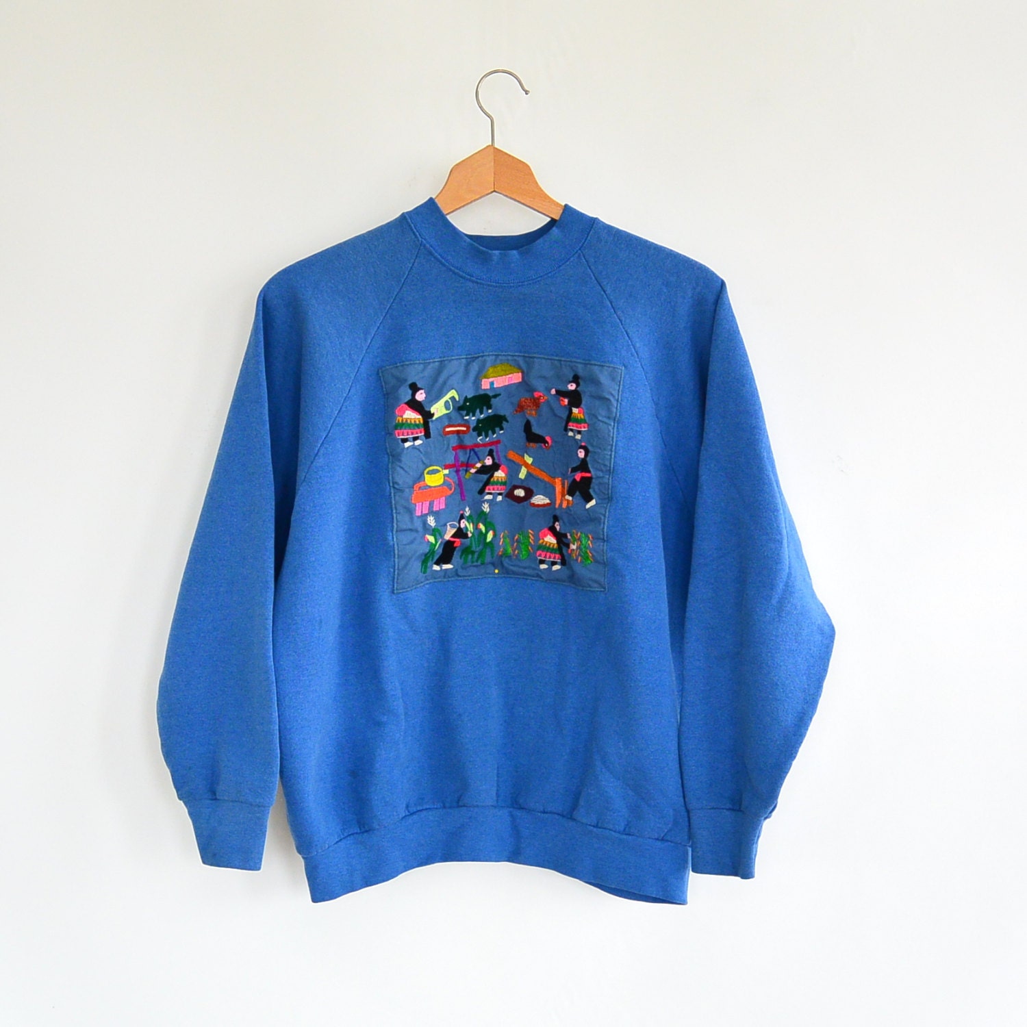 Vintage Embroidered Hmong Story Cloth Sweatshirt 1980's