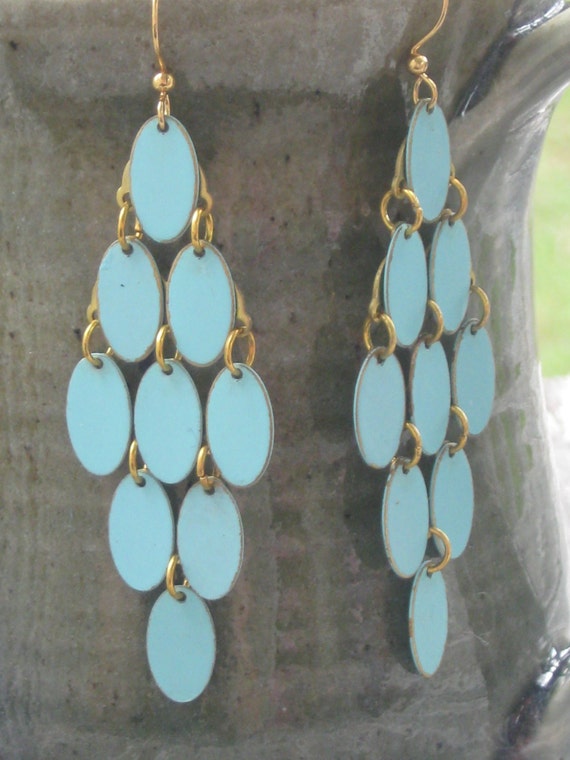 Muted Turquoise Blue Brass Chandelier Earrings by MonkeyNavigated