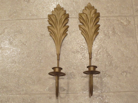 Set of 2 1970 s Vintage Gold Metal Wall Candle Sconces