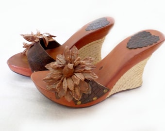 sandals brown flower wedge s tan brown shoes leather wedges rope ...