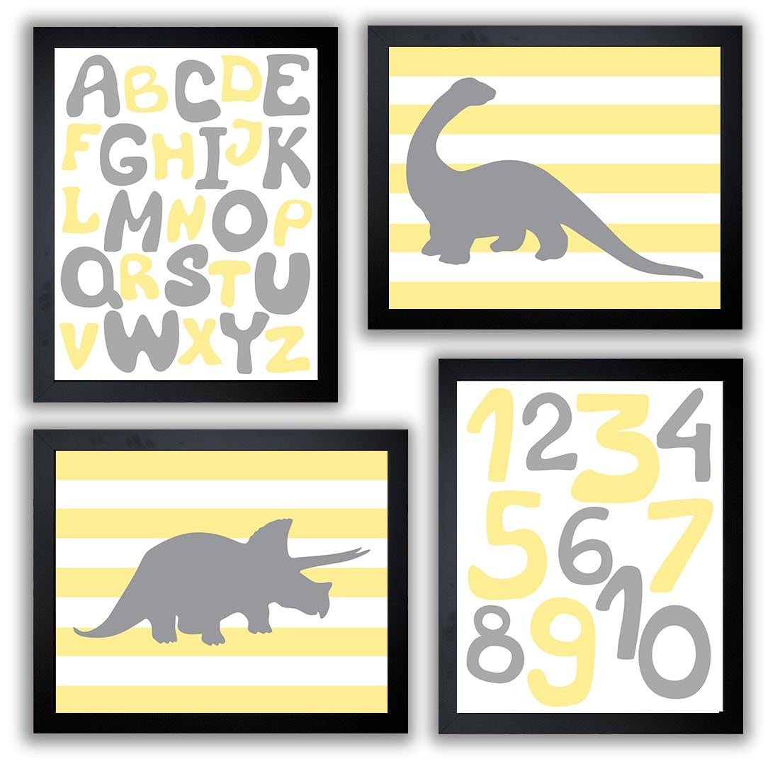 Dinosaurs Nursery Art Set of 4 Prints Grey Yellow Stripes Tyrannosaurus Rex Brachiosaurus Alphabet N