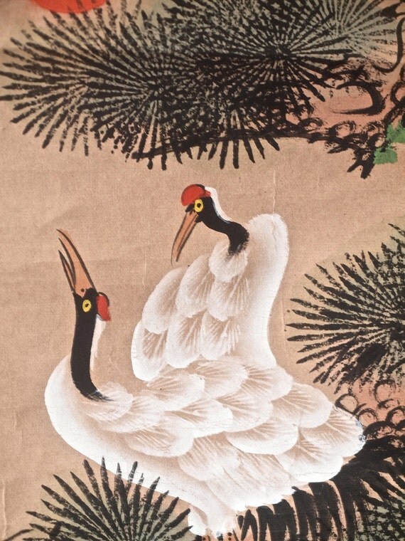 Japanese Crane Ink Painting Hanging Scroll / Red by CantonPalace