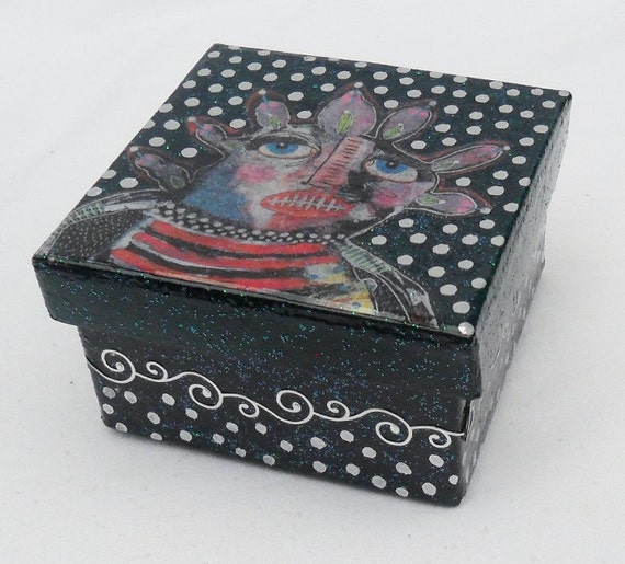 Items similar to Art Trinket Box - Glittery Box - Folk Art Box - Unique ...