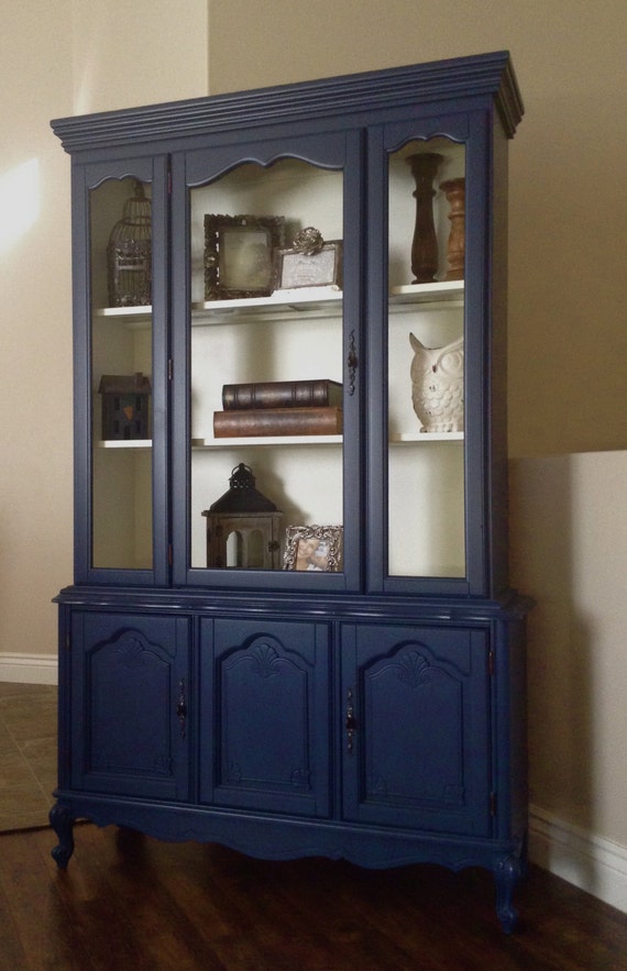 Items similar to navy blue and white french provincial hutch. on Etsy