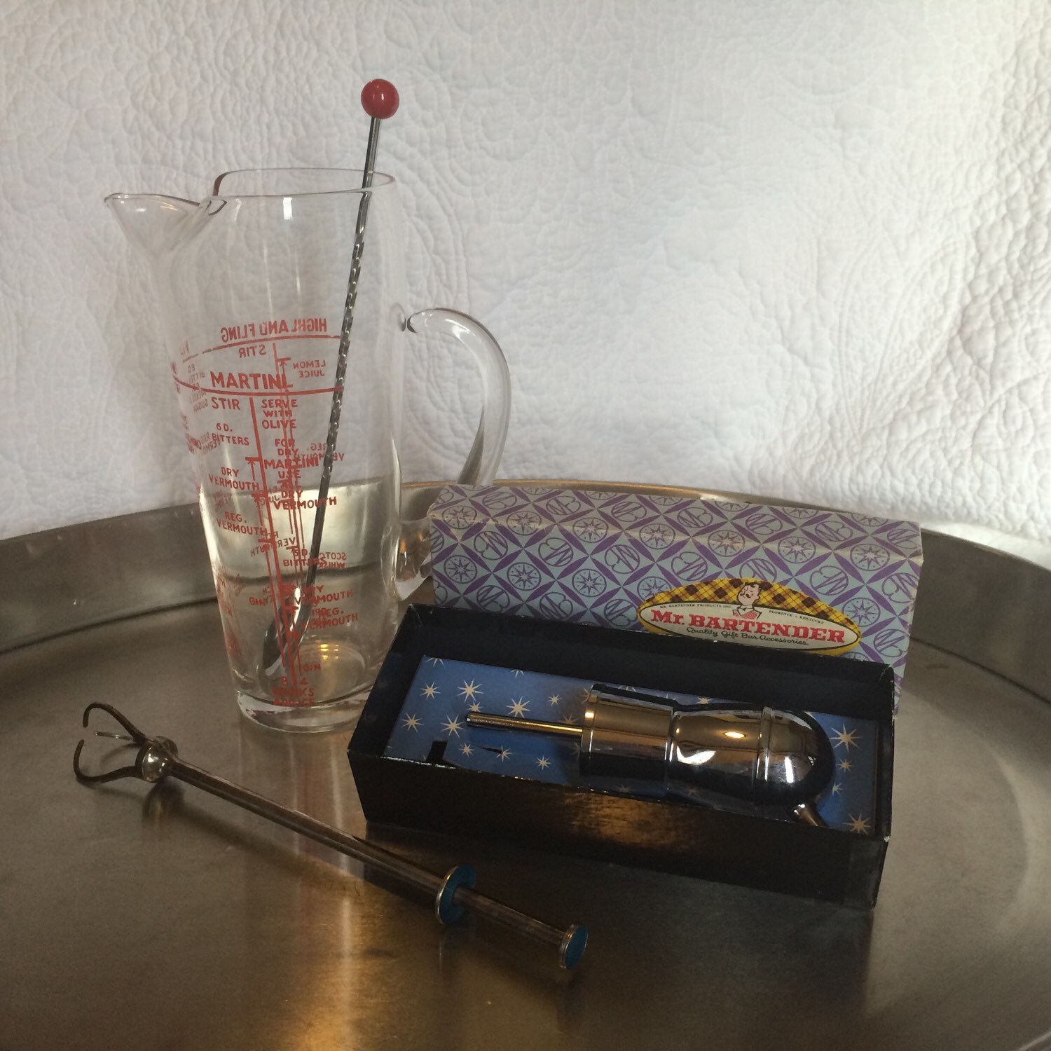 Vintage Glassware. Bar Starter Set. With Glass Drink Mixer, Olive