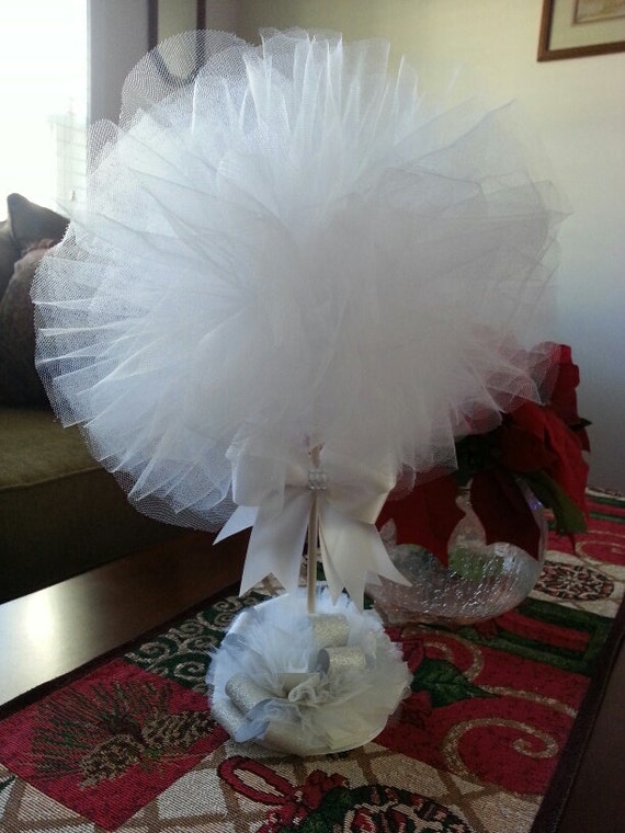 White Tulle Topiary / Chistening Centerpiece / Baby Shower