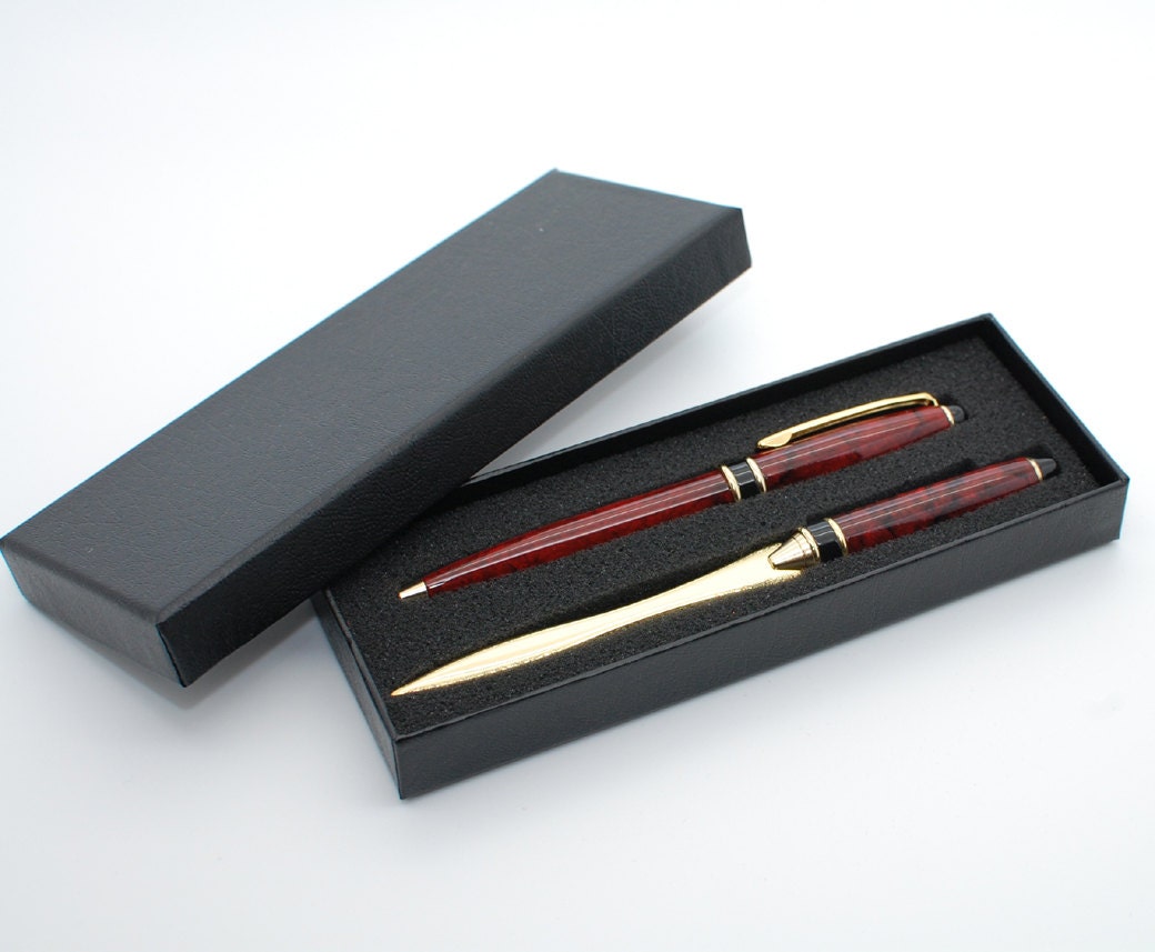 Engraved pen set Personalized red marble brass pen gift set