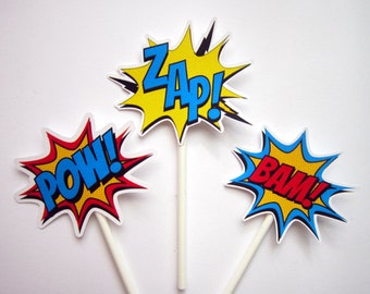 Items similar to Pow Fondant Cupcake Toppers for Superhero Theme ...