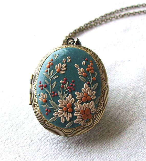 Turquoise Locket Necklace Floral Locket Necklace Flower Necklace