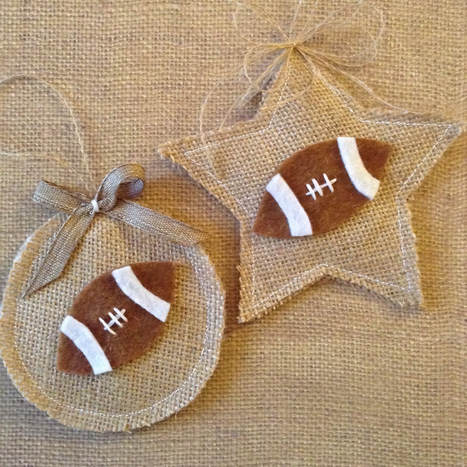 Burlap football - star and round hanging piece - set of 2 - handmade design for sports fan
