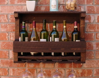 Rustic 6 Bottle Wine Rack with 4 Glass Slot Holder and Top Shelf