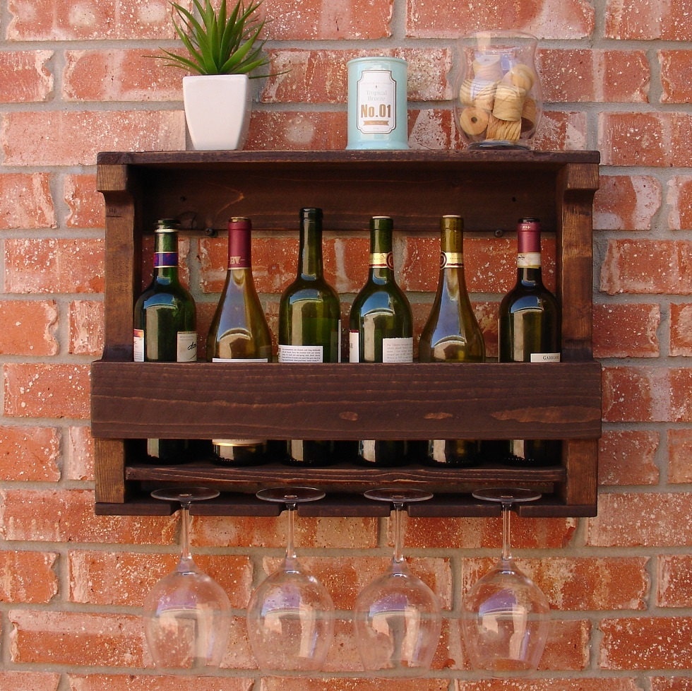 Rustic 6 Bottle Wine Rack with 4 Glass Slot Holder and Top